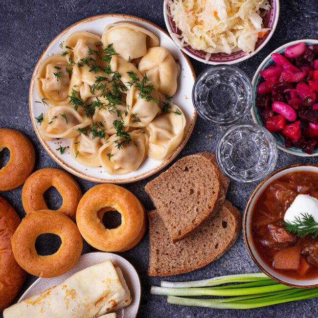 Traditional Russian dishes, sweets and vodka
